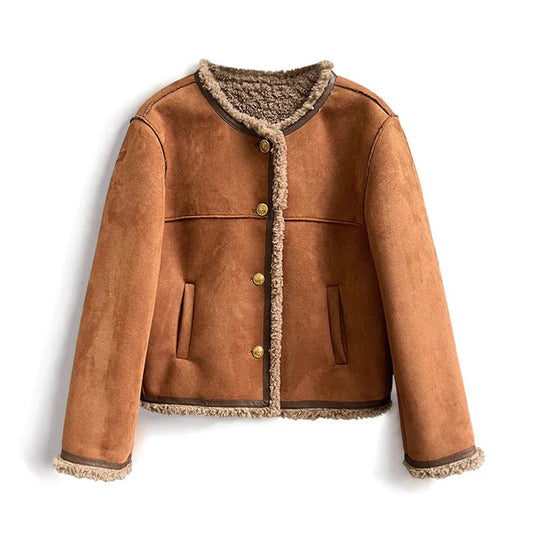 Brown suede jacket with plush-lined button front and two flap pockets