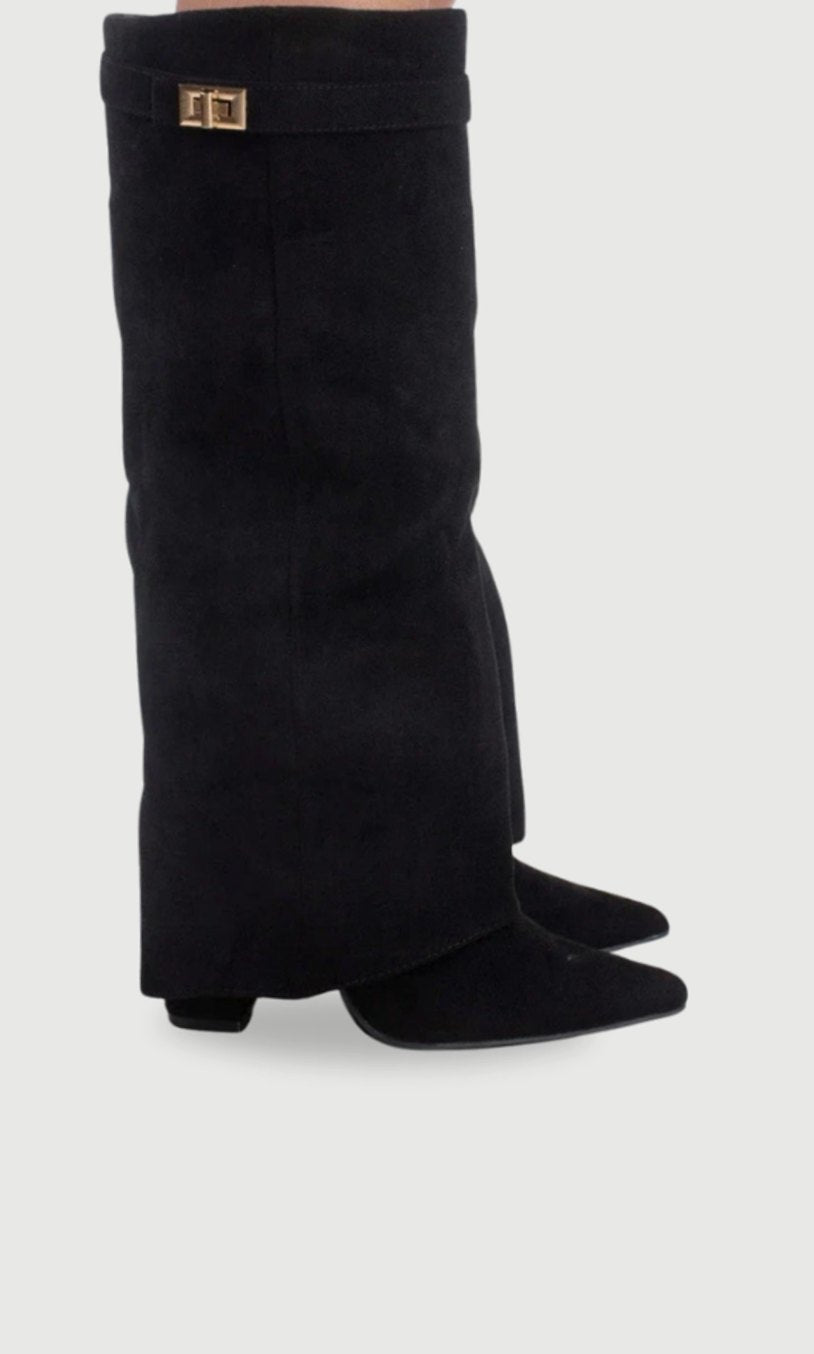 Suede Knee-High Boots with Buckle Detail