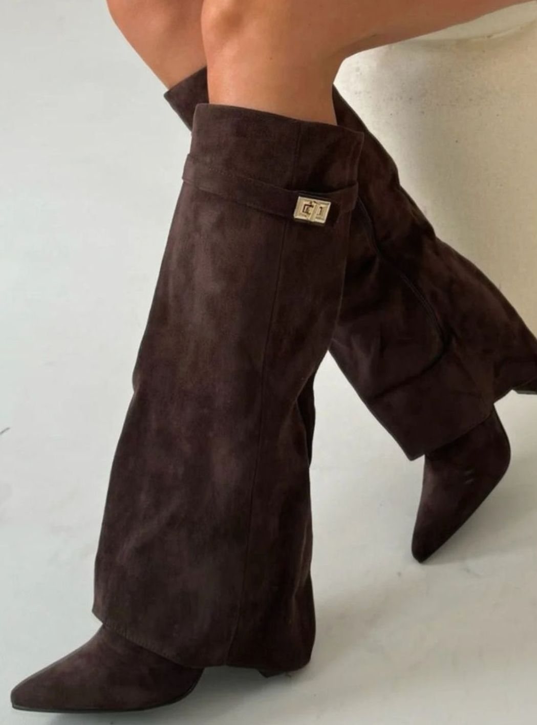 Suede Knee-High Boots with Buckle Detail