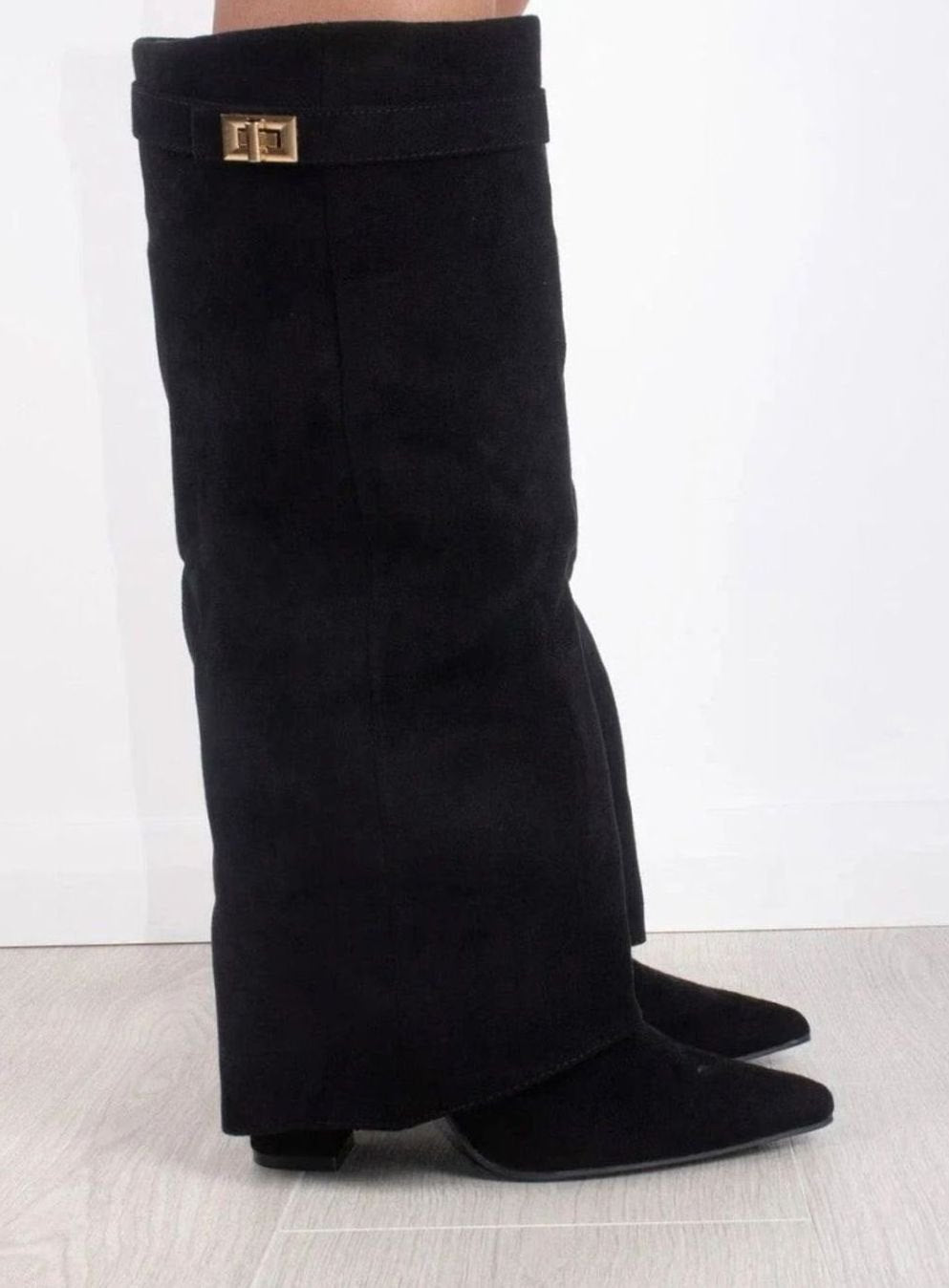 Suede Knee-High Boots with Buckle Detail