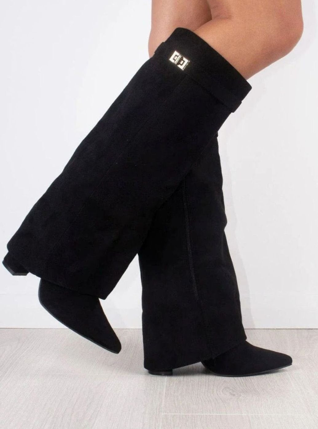 Suede Knee-High Boots with Buckle Detail