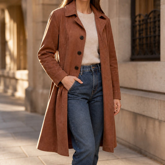 Brown suede trench coat with button placket, standing collar, and long sleeves