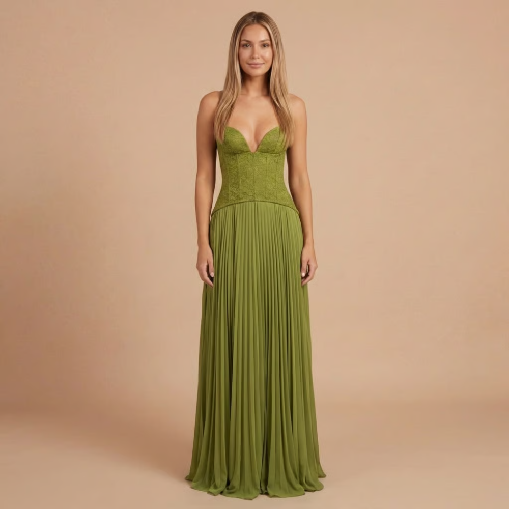 Green sweetheart corset maxi dress with pleated skirt and thin straps.