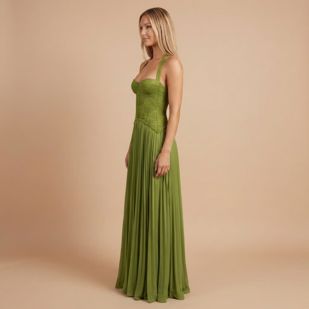Green sweetheart corset maxi dress with pleated skirt and thin straps.
