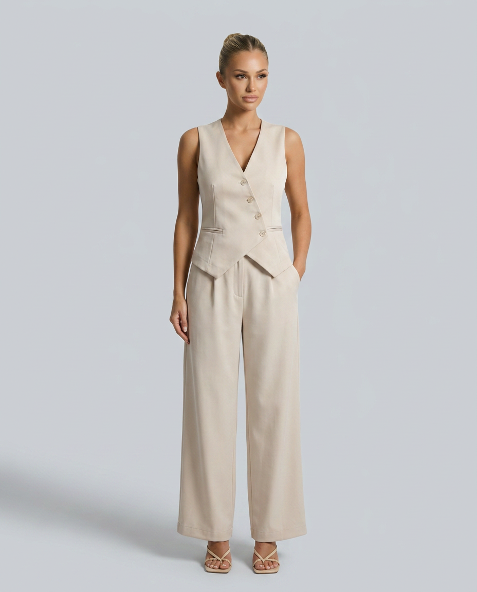 Beige vest-style set with V-neck tailored waistcoat and wide-leg pants