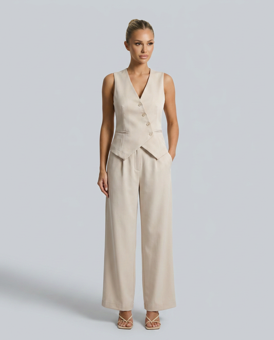 Beige vest-style set with V-neck tailored waistcoat and wide-leg pants