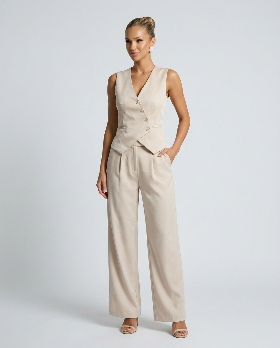 Beige vest-style set with button-front waistcoat and straight wide-leg pants
