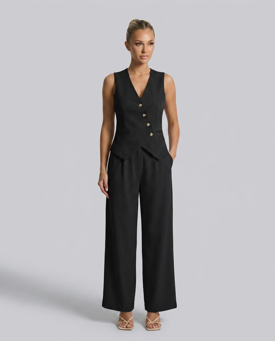 Black vest-style set with V-neck sleeveless vest and wide-leg trousers