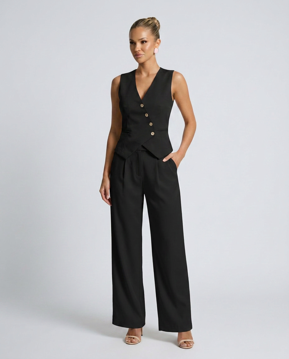 Black vest-style set with button-front waistcoat and wide-leg trousers