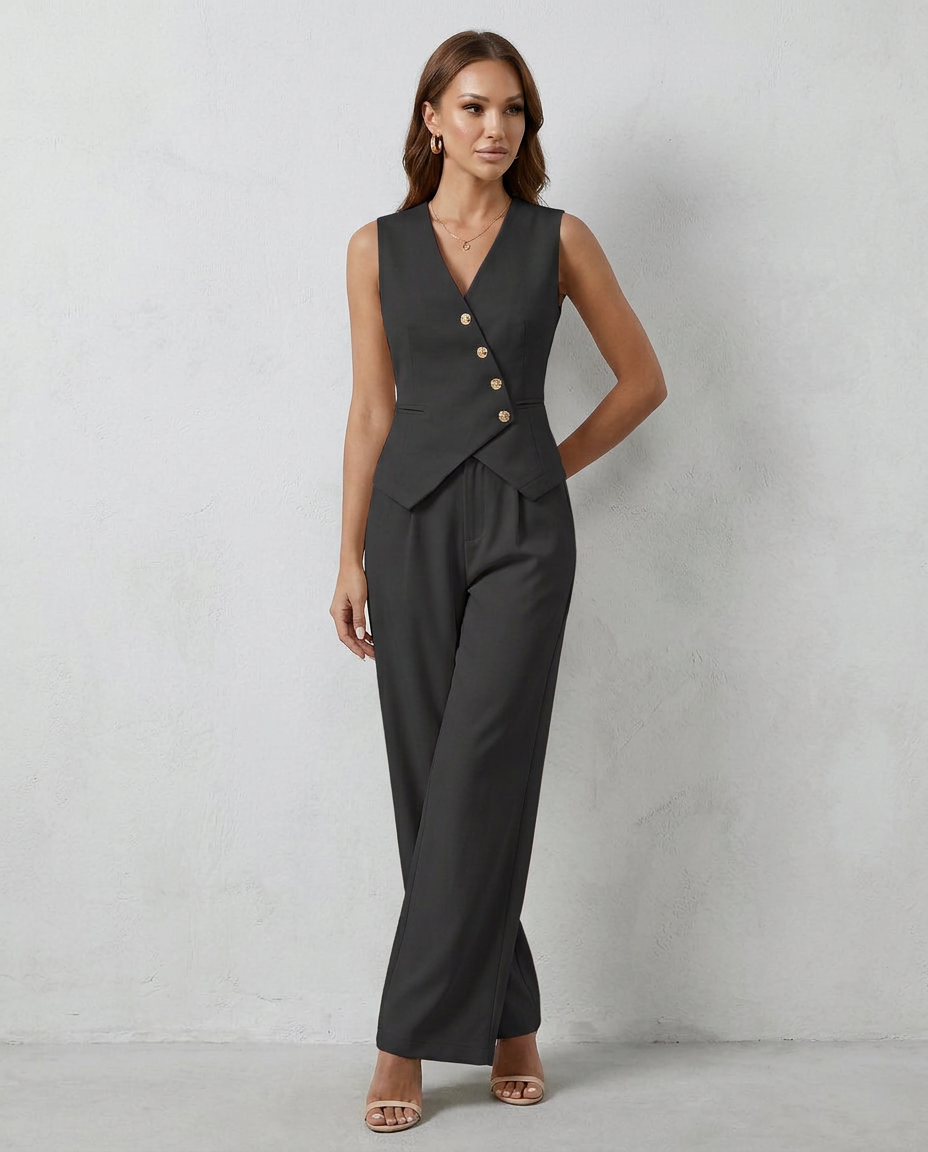Black vest-style set with button-front waistcoat and tailored wide-leg pants