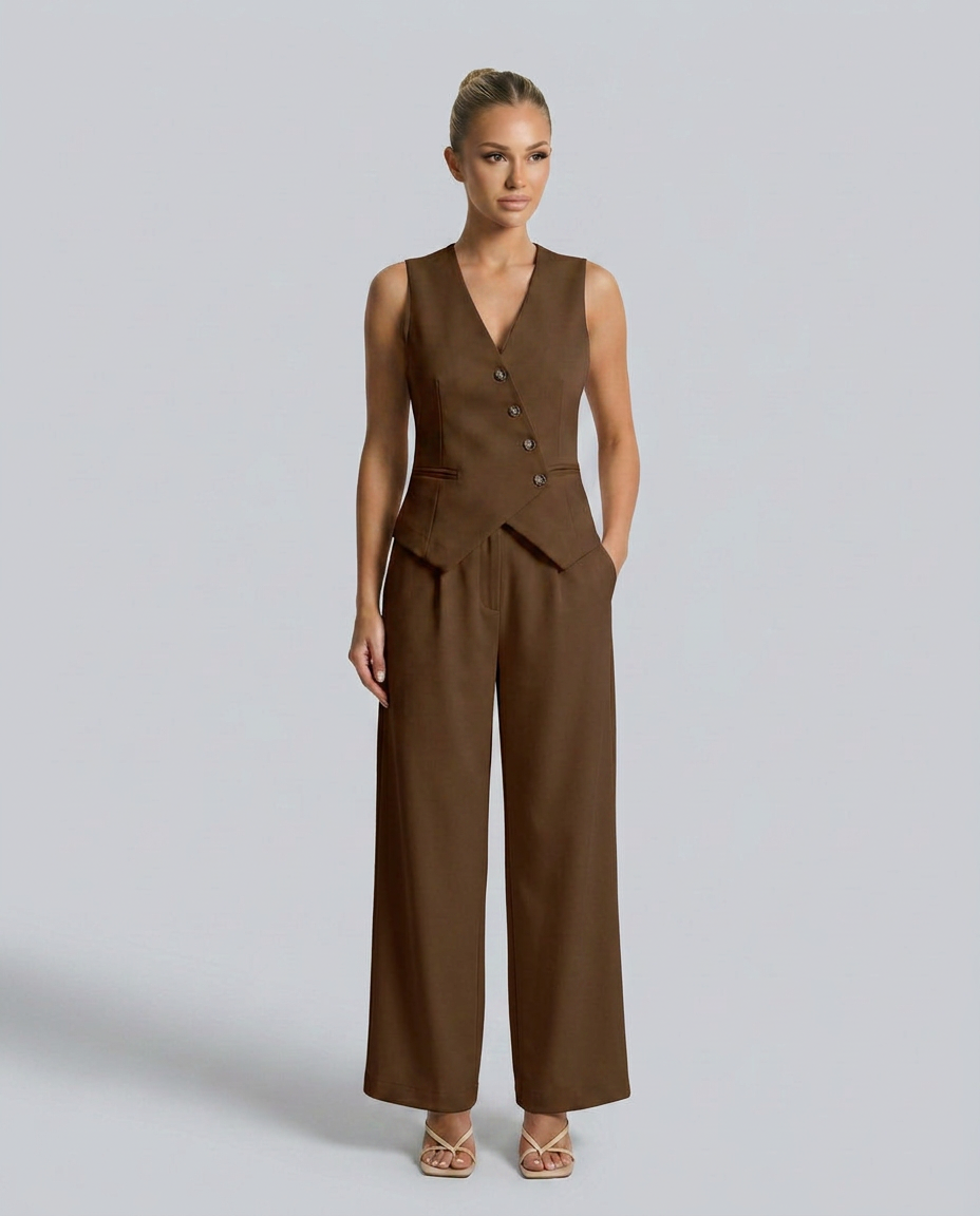 Brown vest-style set with sleeveless V-neck vest and wide-leg trousers