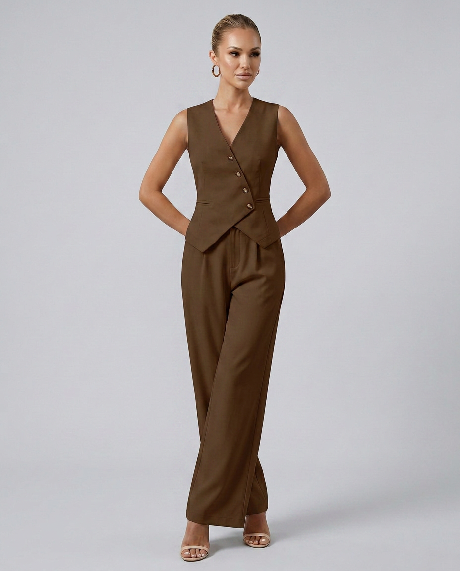 Brown vest-style set with sleeveless V-neck vest and wide-leg trousers