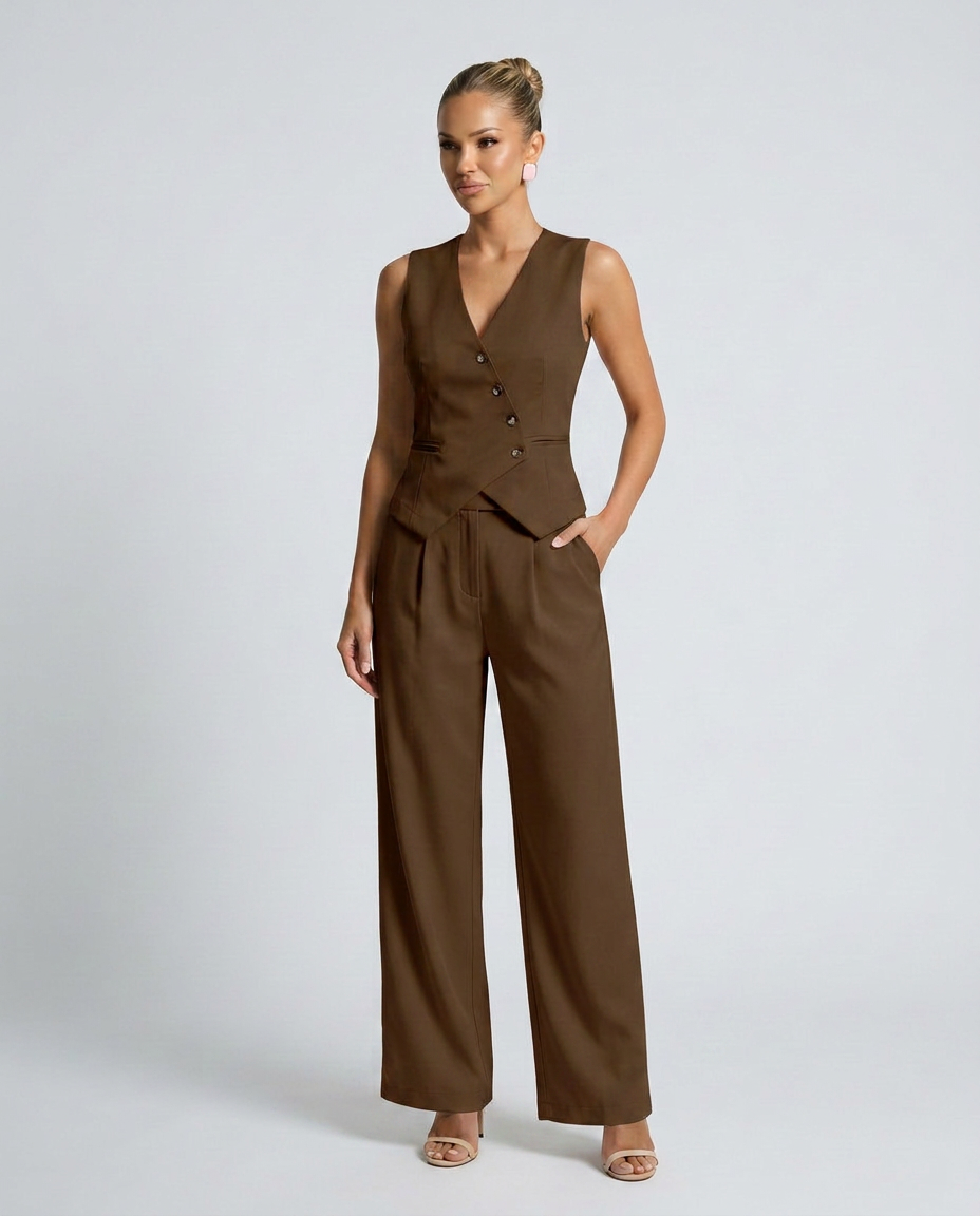 Brown vest-style set with button-front waistcoat and tapered wide-leg pants