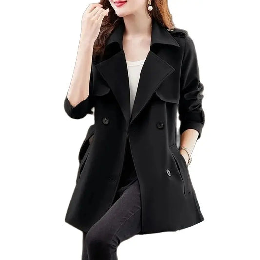 Black tailored trench coat with notch lapels, double buttons, and flap pockets