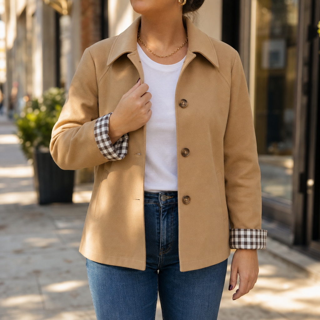 Camel button-front coat with black-and-white checkered inner cuffs on raglan sleeves