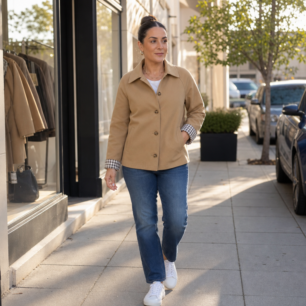 Camel casual coat with collared neckline, button closure, and checkered sleeve cuffs