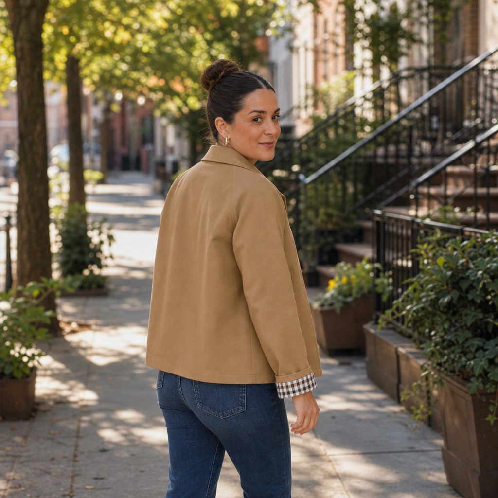 Camel raglan sleeve coat with button front and checkered cuff detail at sleeve ends
