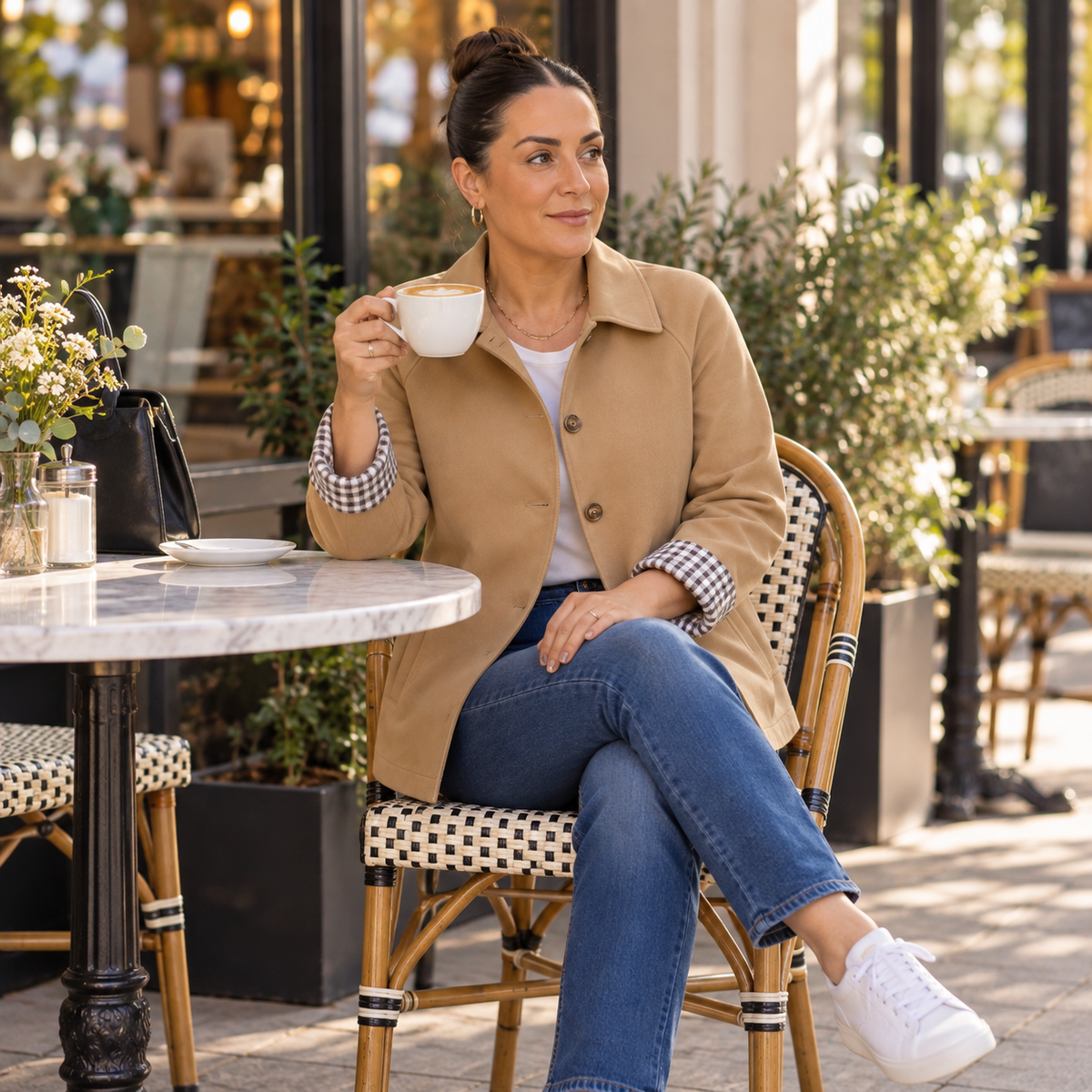 Camel casual coat with collared buttons and black-and-white checkered cuff lining