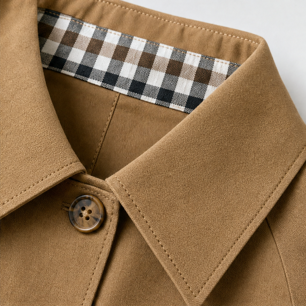 Close-up of camel coat collar with black-and-white checkered inner placket detail
