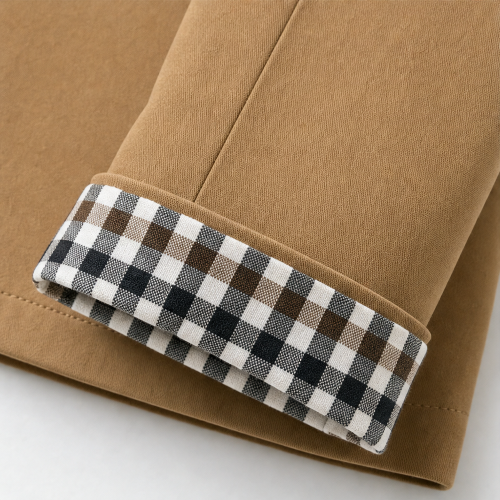 Close-up of black-and-white checkered cuff trim on a camel coat sleeve