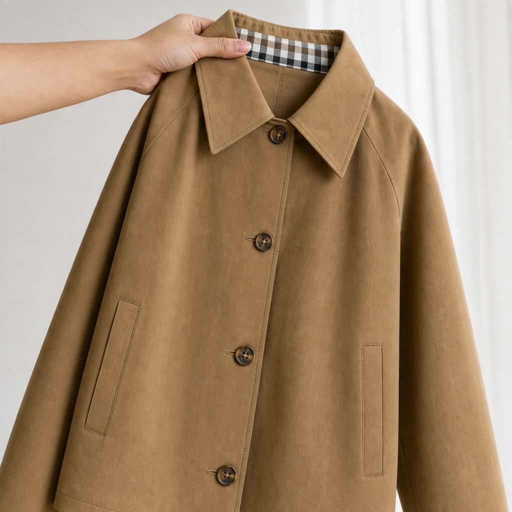 Camel coat with button closure, notch collar, chest pocket, and black-and-white checkered cuff
