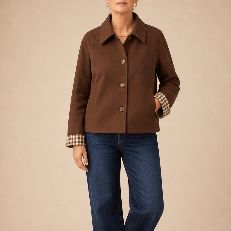 Dark brown raglan-sleeve casual coat with button front, collar, and plaid cuffs