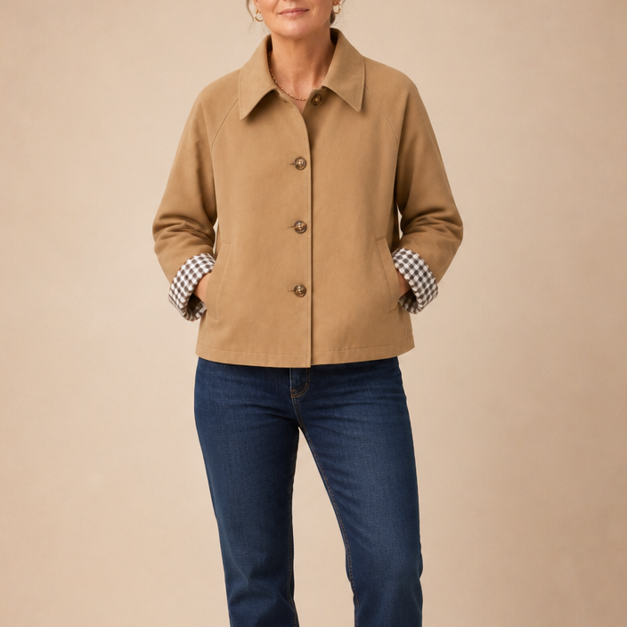 Beige raglan-sleeve casual coat with button front, pointed collar, and plaid cuff detail