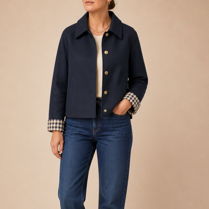 Navy raglan-sleeve casual coat with button front, collar, patch pockets, and plaid cuffs
