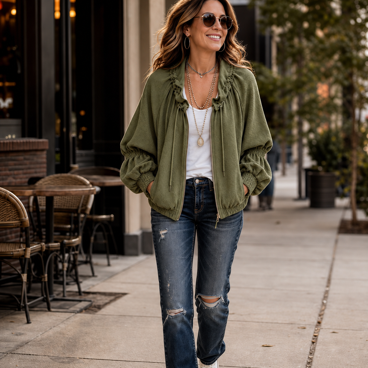 Textured Batwing Drawstring Collar Zip Jacket