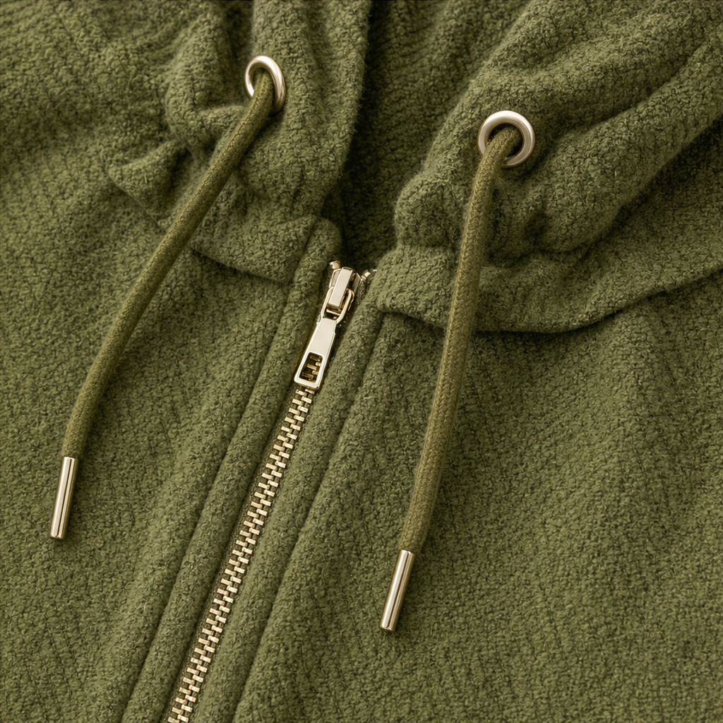 Textured Batwing Drawstring Collar Zip Jacket