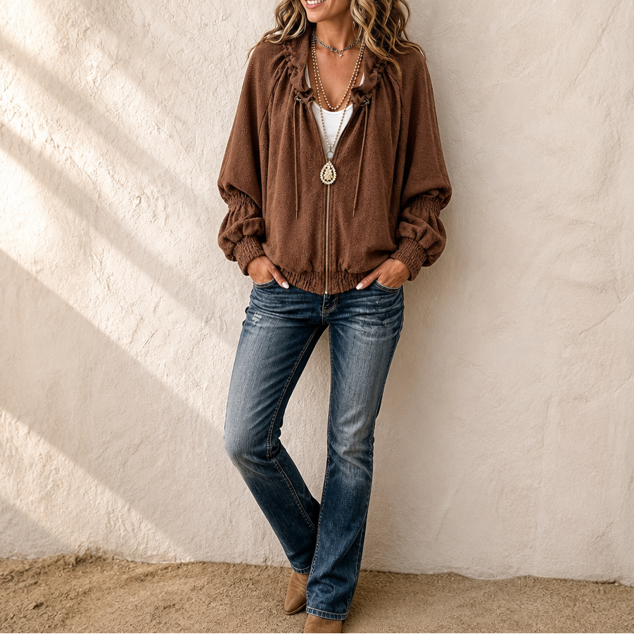 Textured Batwing Drawstring Collar Zip Jacket