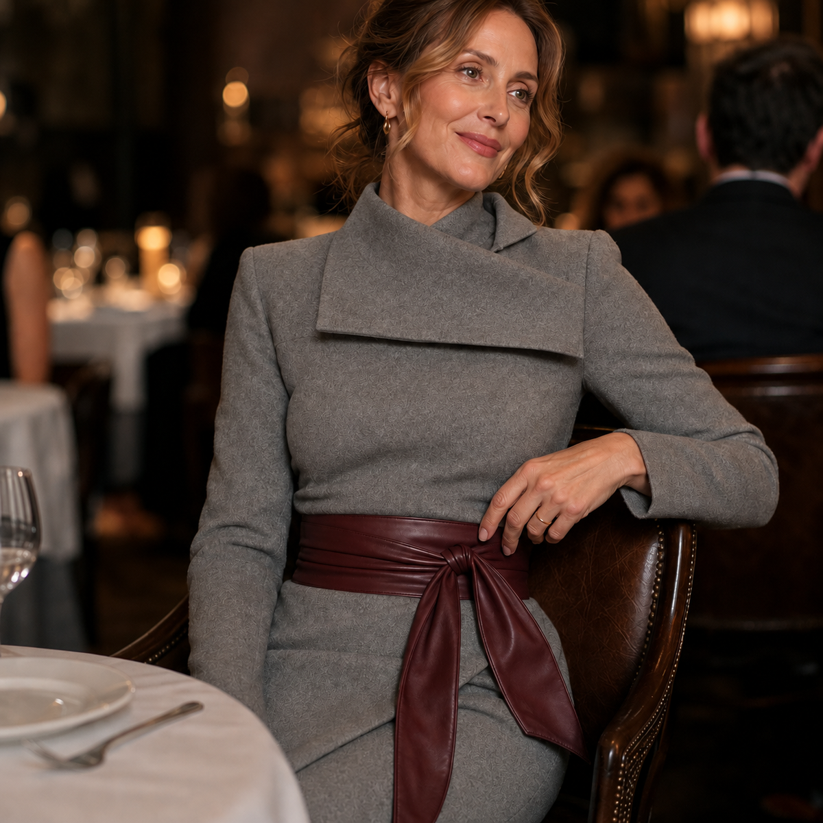 Grey textured knit wrap midi dress with burgundy leather-look waist sash tie, long sleeve