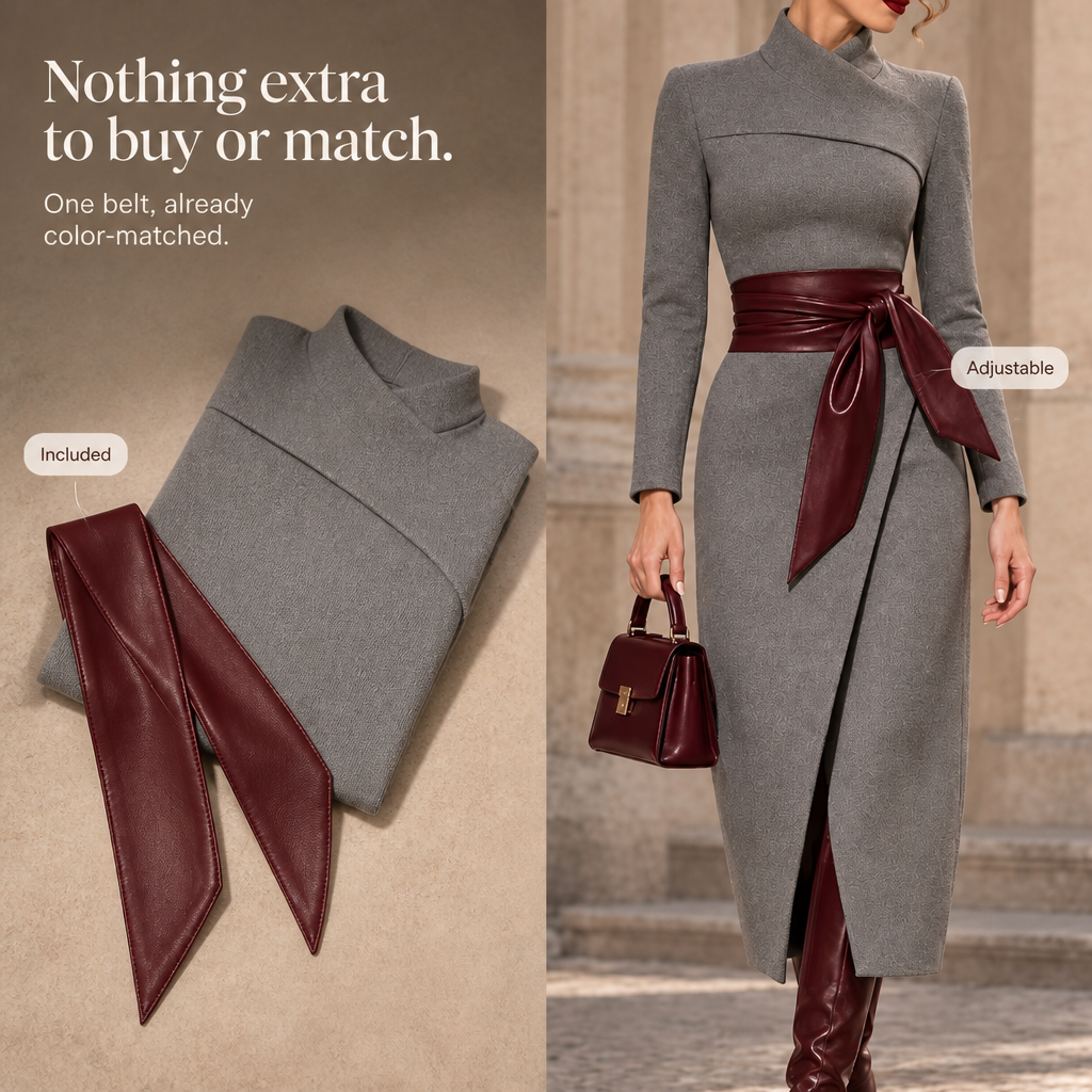Grey textured knit wrap midi dress with burgundy tie belt, long sleeves and midi length