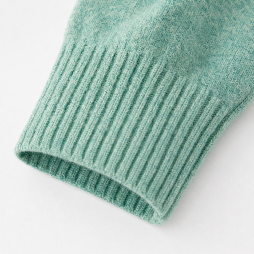 Bottom hem close-up of light green cardigan with ribbed trim and textured knit