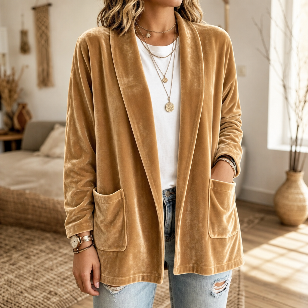 Textured Velvet Shawl-Collar Open-Front Cardigan