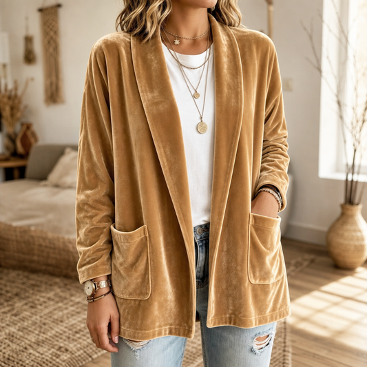 Textured Velvet Shawl-Collar Open-Front Cardigan