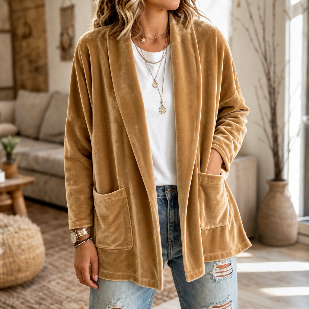 Textured Velvet Shawl-Collar Open-Front Cardigan