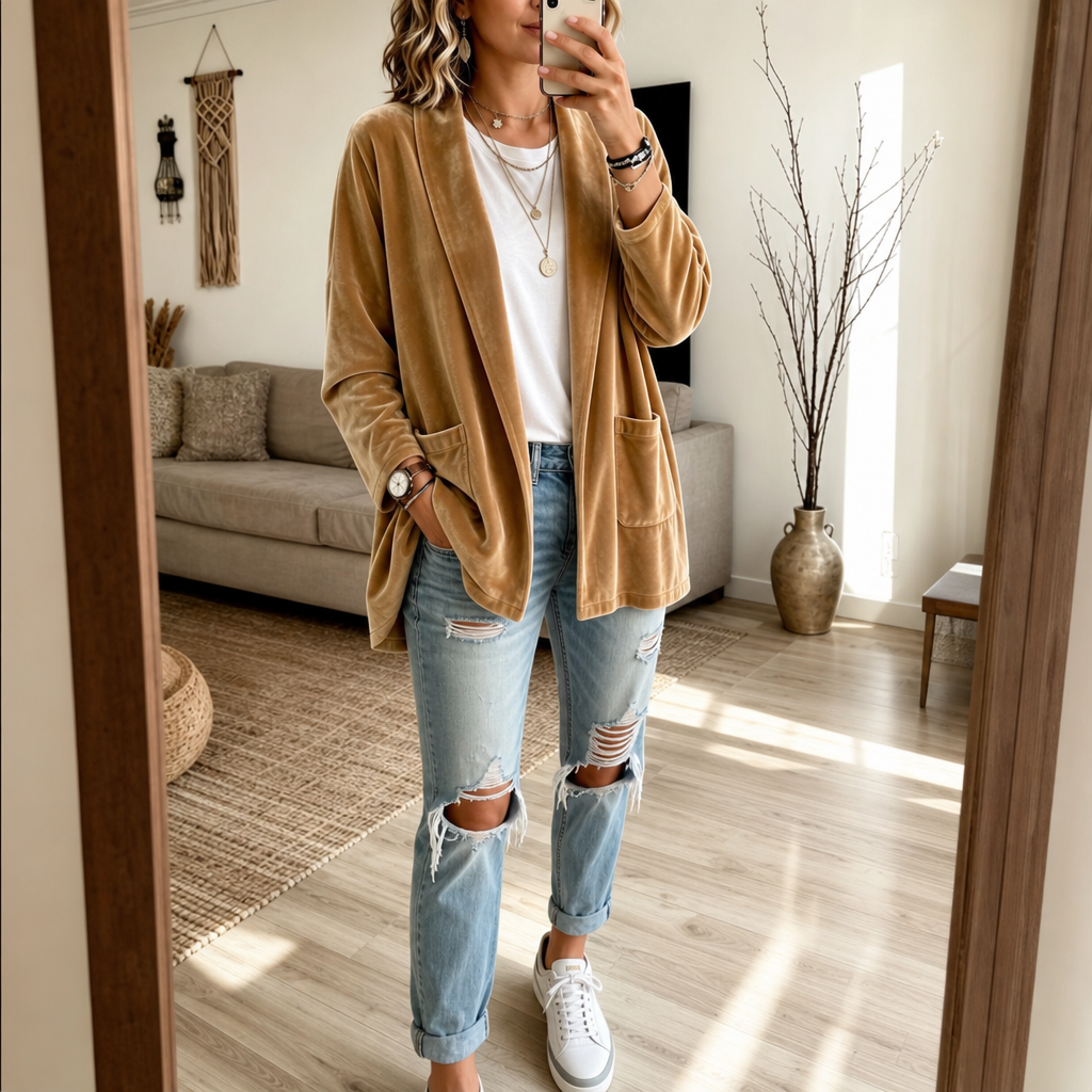 Textured Velvet Shawl-Collar Open-Front Cardigan