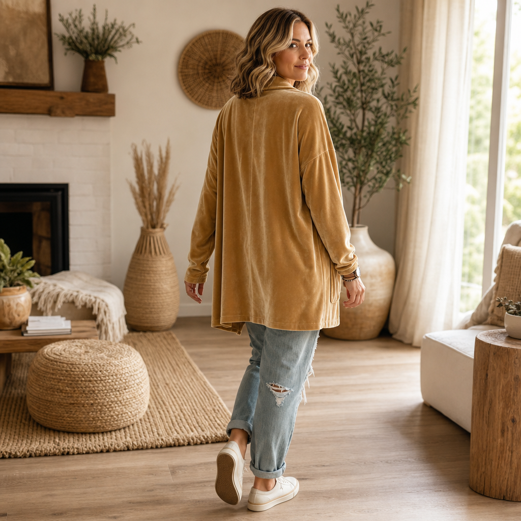 Textured Velvet Shawl-Collar Open-Front Cardigan