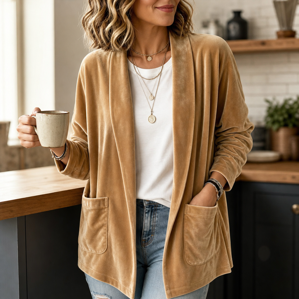 Textured Velvet Shawl-Collar Open-Front Cardigan