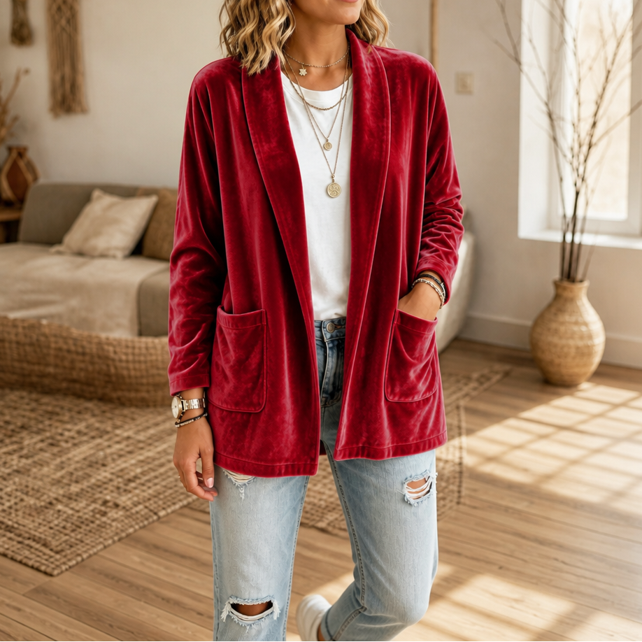 Textured Velvet Shawl-Collar Open-Front Cardigan