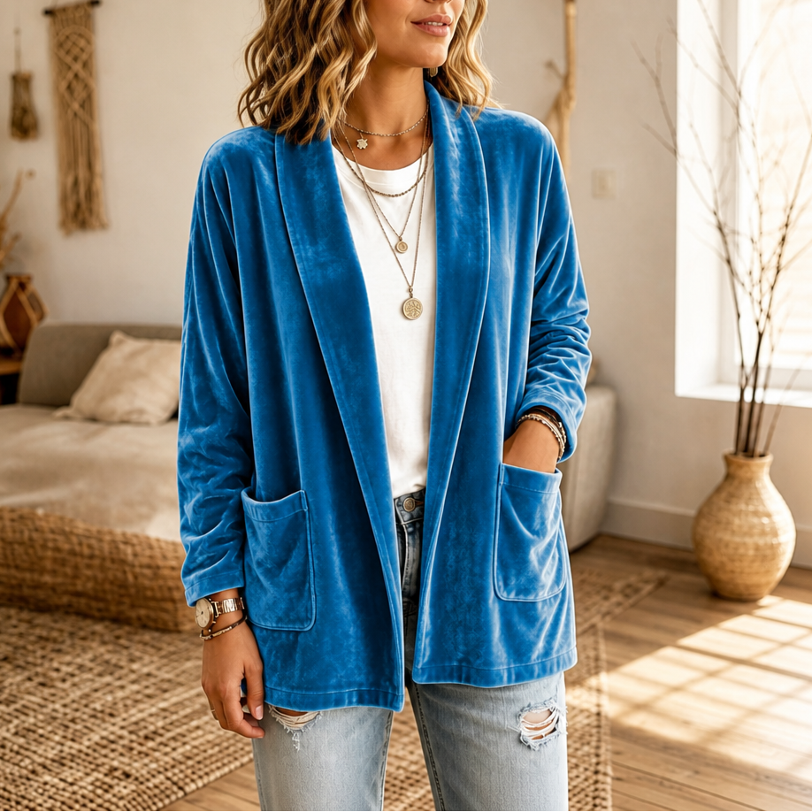 Textured Velvet Shawl-Collar Open-Front Cardigan