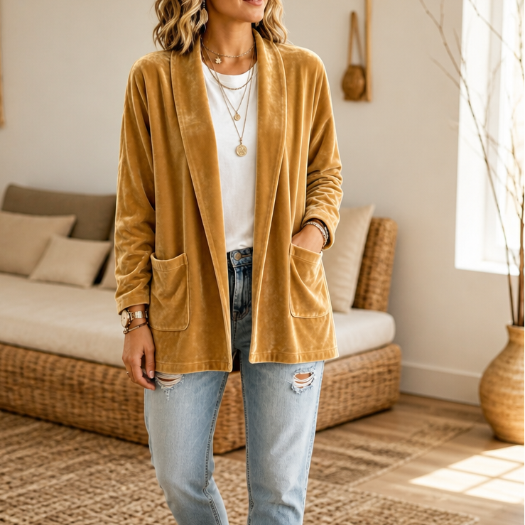 Textured Velvet Shawl-Collar Open-Front Cardigan