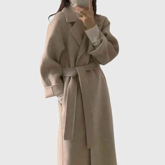 Light beige belted wool overcoat with notched lapels and long sleeves