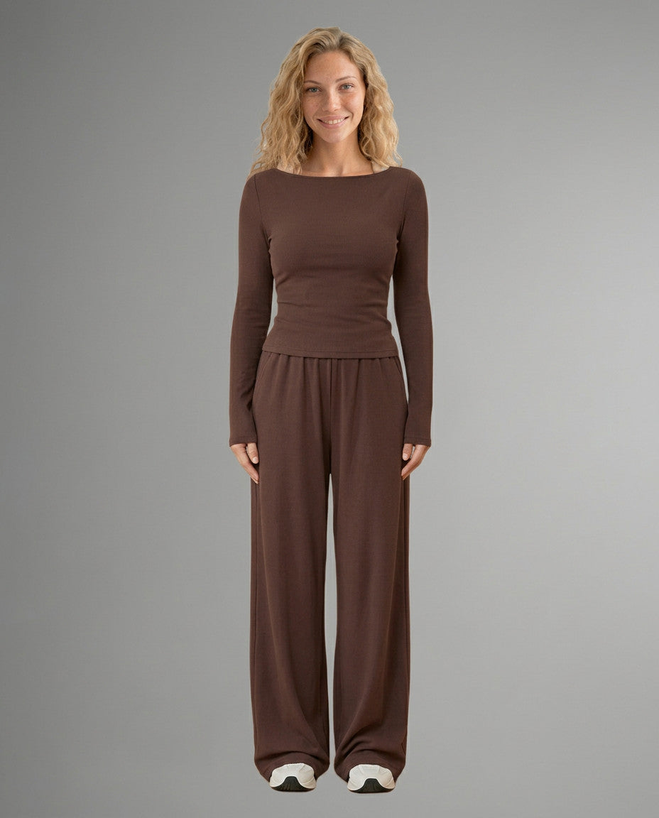 Two-piece set with brown long-sleeve top and wide-leg trousers, front view.