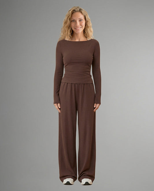 Two-piece set with brown long-sleeve top and wide-leg trousers, front view.