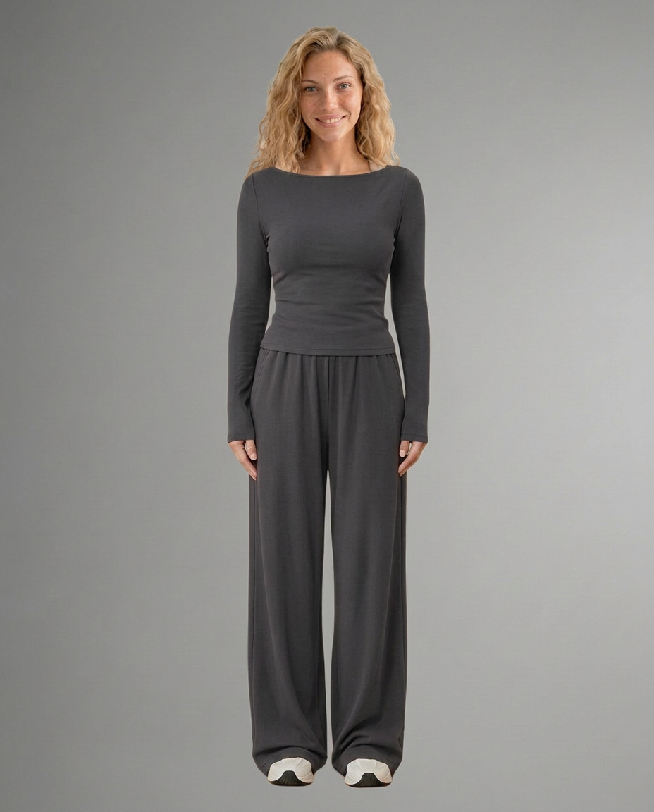 Two-piece lounge set in charcoal grey: long-sleeve scoop top with wide-leg trousers