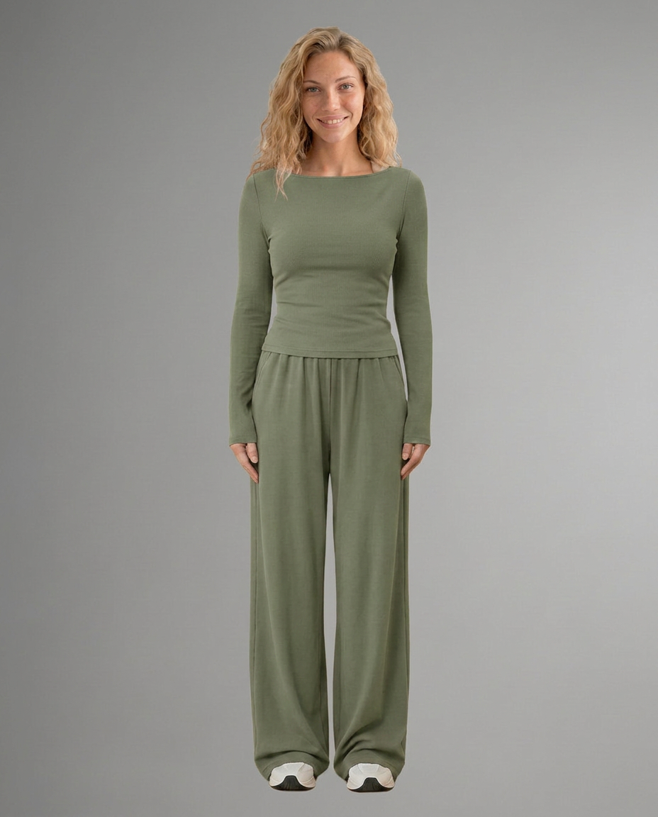 Two-piece lounge set in olive green: long-sleeve scoop top with wide-leg trousers
