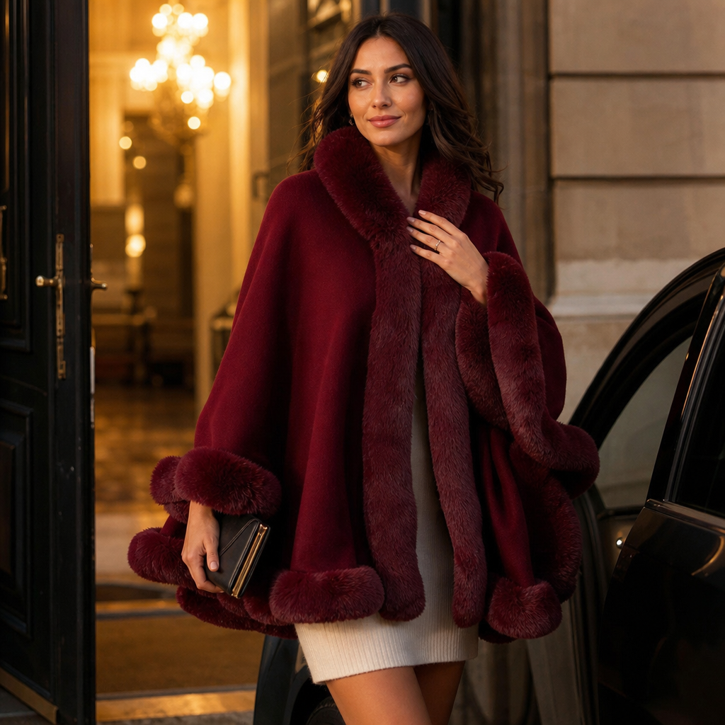 Trimmed Hooded Knit Cape Coat