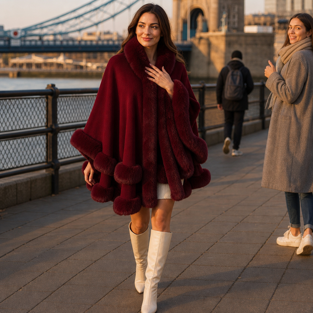 Trimmed Hooded Knit Cape Coat